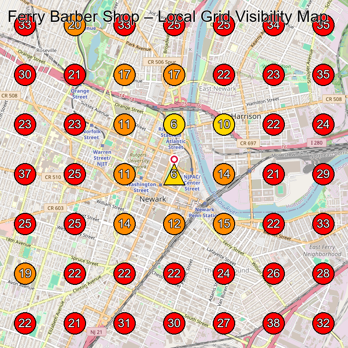 Ferry Barber Shop GeoGrid visibility map for Barber Shop in Newark